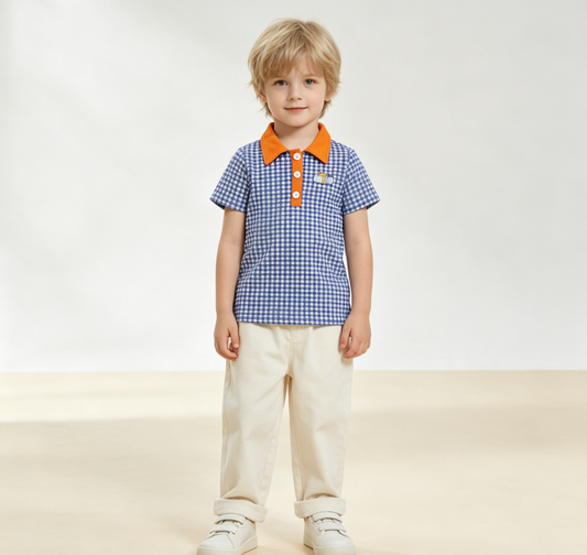 Baby Boys Kids Embroidery Pumpkins Buttons Blue Plaid Shirt Kids Thanksgiving Clothes