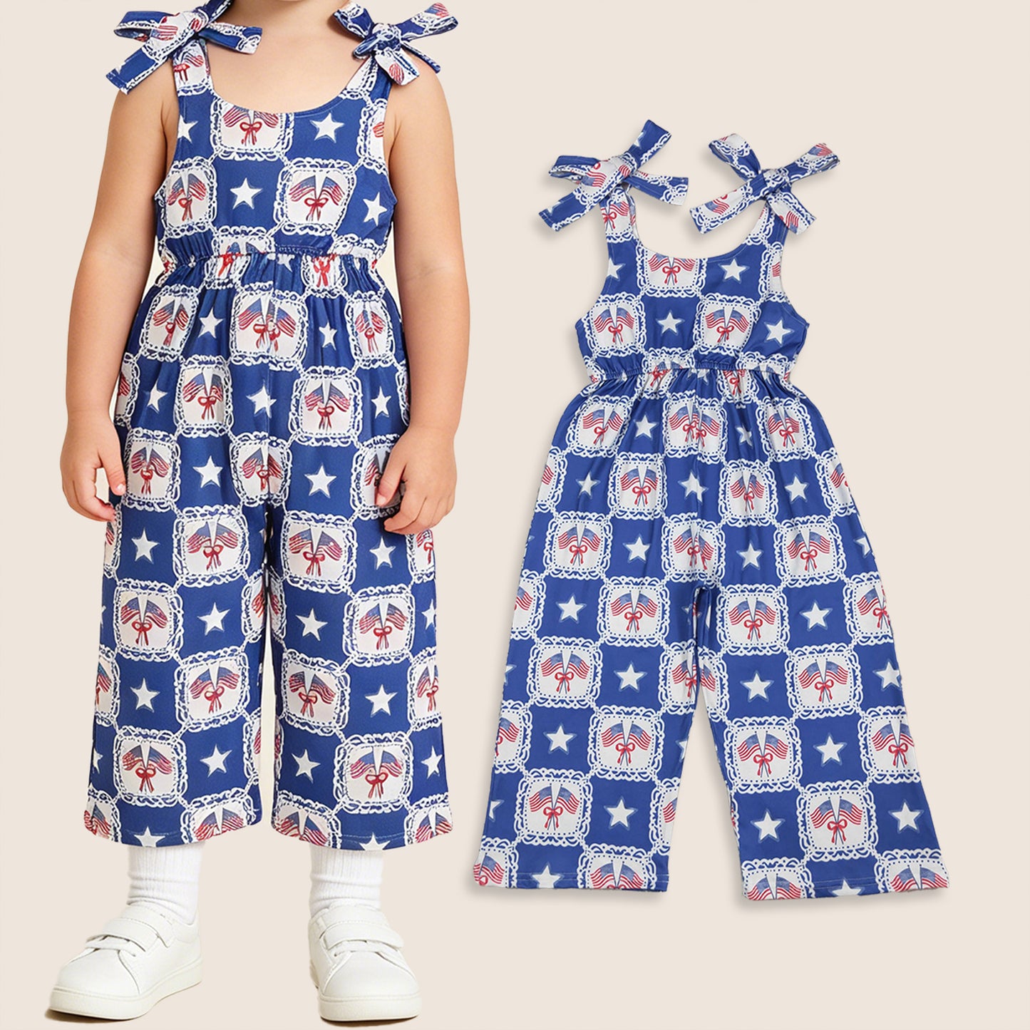 Baby Girls Sleeveless Flags Bows Stars 4th of July Jumpsuit