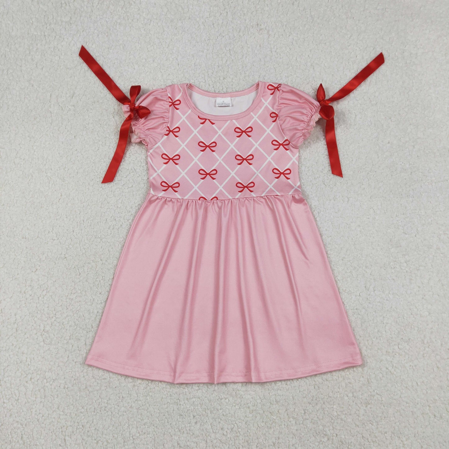 Baby Girls Short Sleeves Bows Plaid Pink Knee length Dress