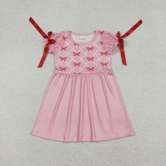Baby Girls Short Sleeves Bows Plaid Pink Knee length Dress