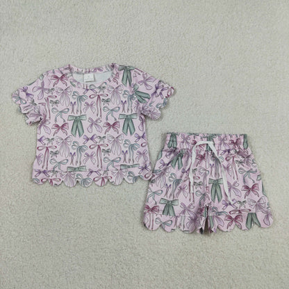 Baby Girls Kids Short Sleeves Bows Shirt Scallop Shorts Summer Pink Set