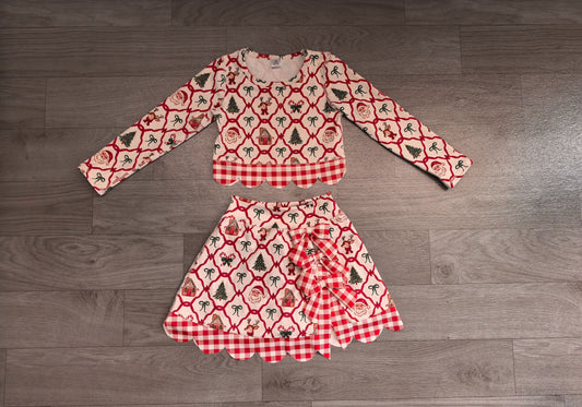 No moq Preorder Baby Girls Kids Christmas Santa Shirt Bows Scallop Skirt Shorts Yoga Active Set Clothes