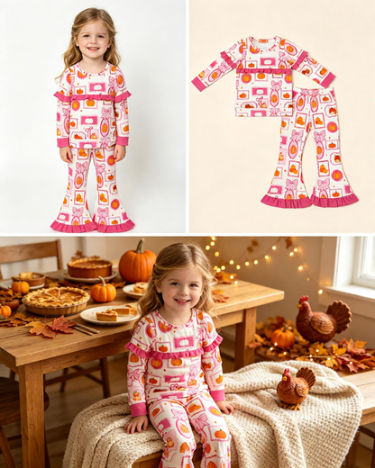 Baby Girls Kids Long Sleeves Pumpkins Bows Tops Pink Ruffle Pants Set Fall Clothes