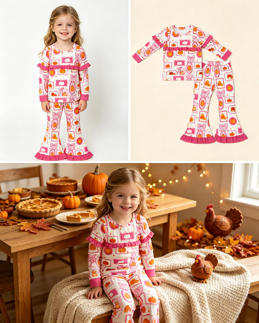 Baby Girls Kids Long Sleeves Pumpkins Bows Tops Pink Ruffle Pants Set Fall Clothes