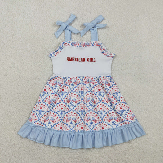 RTS Sibling Baby Kids Straps Embroidery American Girl Flags Bows 4th of July Set Dress