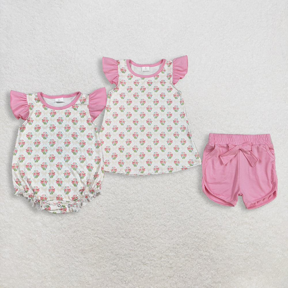 RTS Sibling Baby Girls Infant Short Sleeves Flowers Bows Tops Shorts Set Bubble Romper