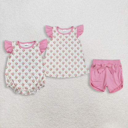 RTS Sibling Baby Girls Infant Short Sleeves Flowers Bows Tops Shorts Set Bubble Romper