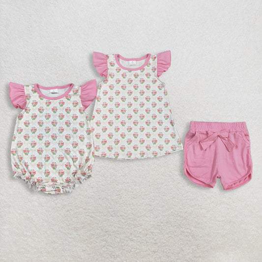 RTS Sibling Baby Girls Infant Short Sleeves Flowers Bows Tops Shorts Set Bubble Romper