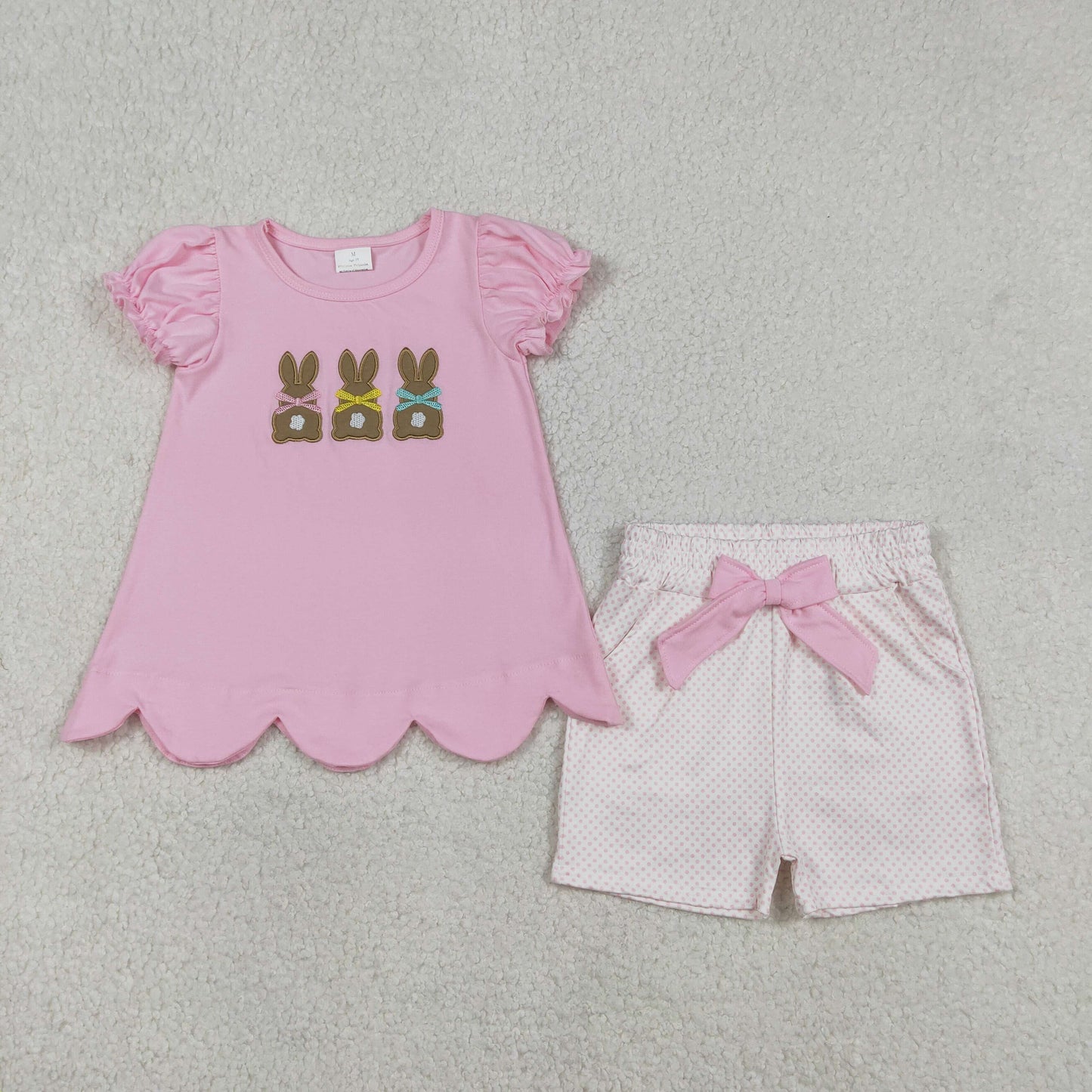 Baby Girls Kids Short Sleeves Embroidery Rabbits Pink Tops Pockets Shorts Easter Clothes Set