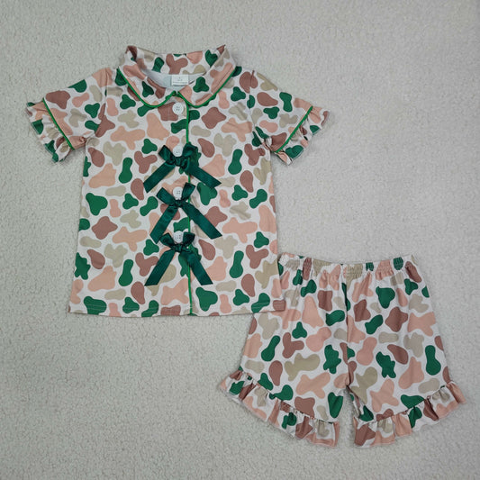 Baby Girls Kids Camo Green Bows Buttons Shirt Ruffle Shorts Hunting Pajamas Set