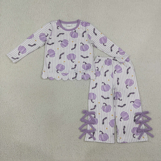 Baby Girls Kids Purple Pumpkins Scallop Shirt Bows Pants Set Halloween Clothes