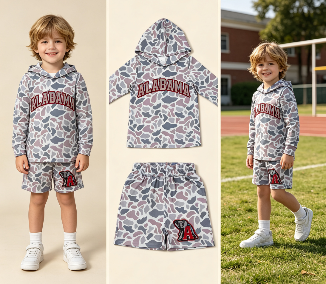 Baby Boy Kids Long Sleeves Grey Camo Hoodie Shirt Elephant Shorts Team Set
