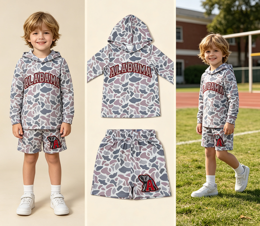 Baby Boy Kids Long Sleeves Grey Camo Hoodie Shirt Elephant Shorts Team Set