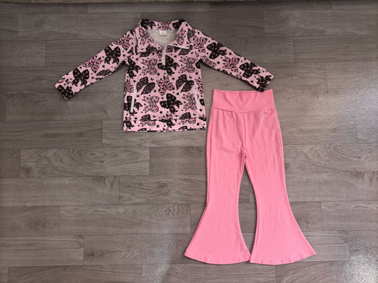 No moq Preorder Baby Girls Kids Halloween Bows Zipper Pockets Tops Pink Pants Set Clothes