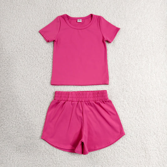Baby Girls Kids Short Sleeves Hot Pink Shirt Skirt Shorts Yoga Active Set Clothes