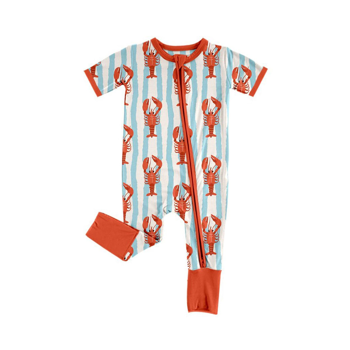 Moq 5 Preorder Baby Boys Kids Short Sleeves Crayfish Stripes Zipper Footie Romper Clothes