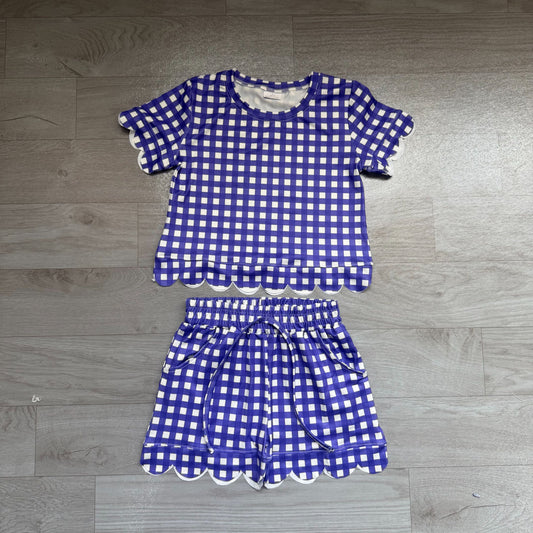 No moq  Preorder Baby Girls Kids Short Sleeves Purple Plaid Shirt Scallop Shorts Set Clothes