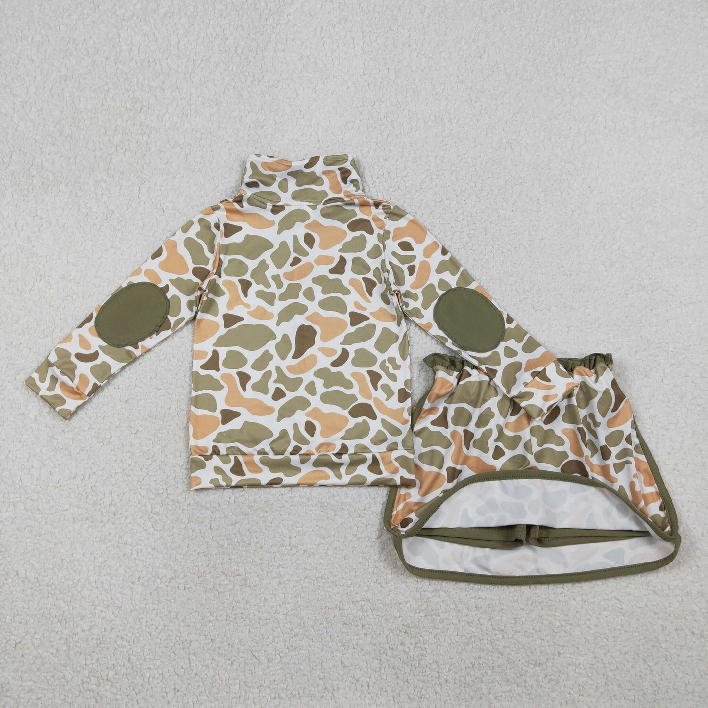 RTS Baby Girls Long Sleeves Orange Green Camo Zipper Pullover Skirt Shorts Set