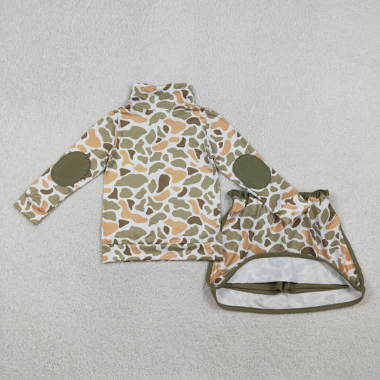 RTS Baby Girls Long Sleeves Orange Green Camo Zipper Pullover Skirt Shorts Set