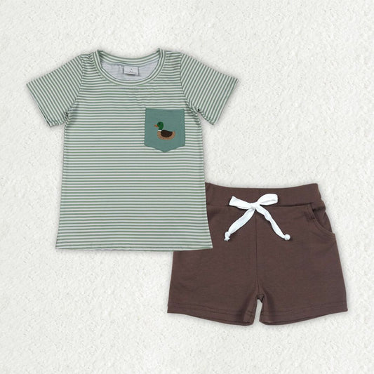 Baby Boys Kids Short Sleeves Embroidery Duck Green Stripes Shirt Pockets Shorts Clothes Set
