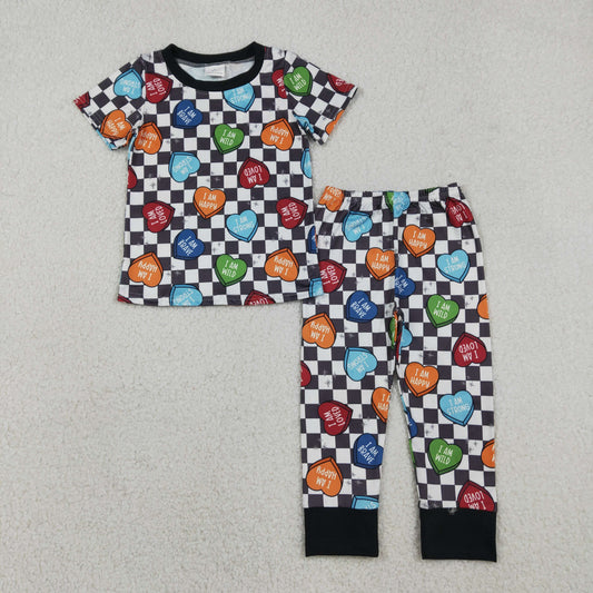 Baby Boy Valentines Hearts Shirt Checkered Pants Pajamas Clothes Set