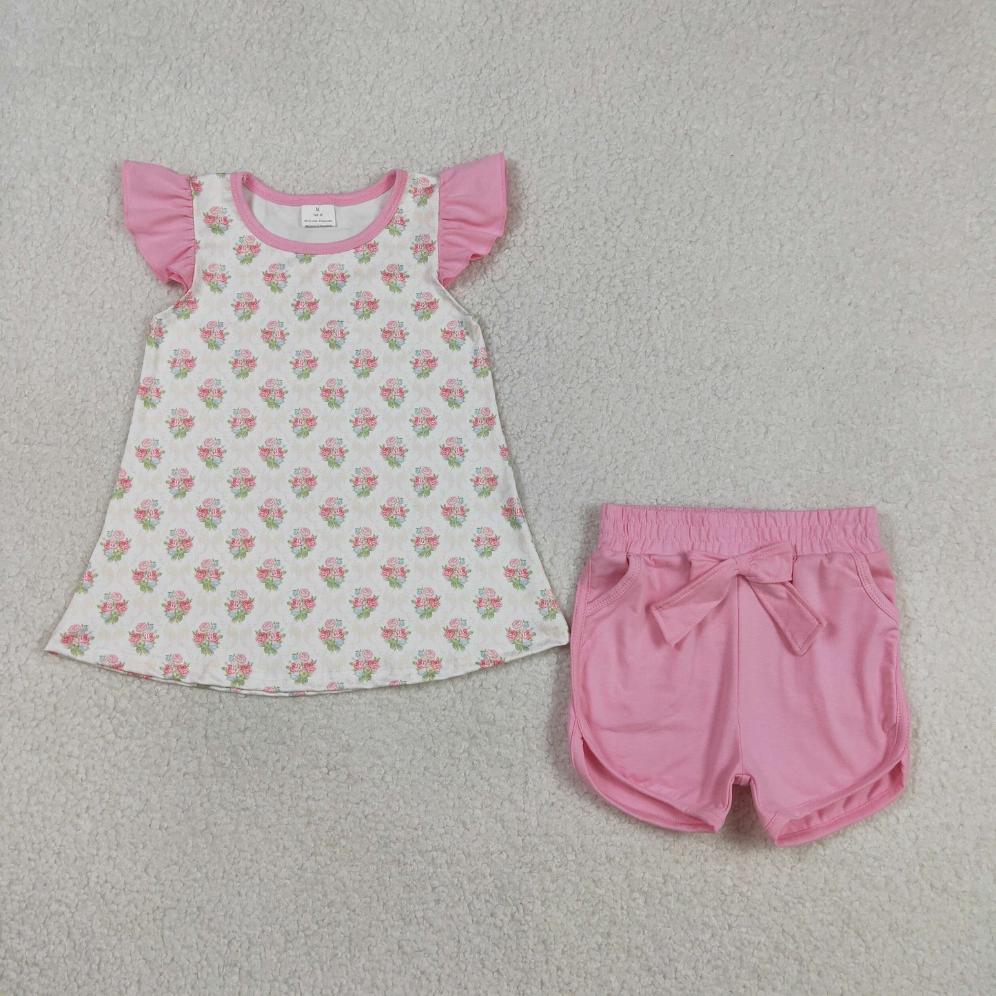 RTS Baby Girls Kids Short Sleeves Flowers Bows Tops Pink Pockets Shorts Set