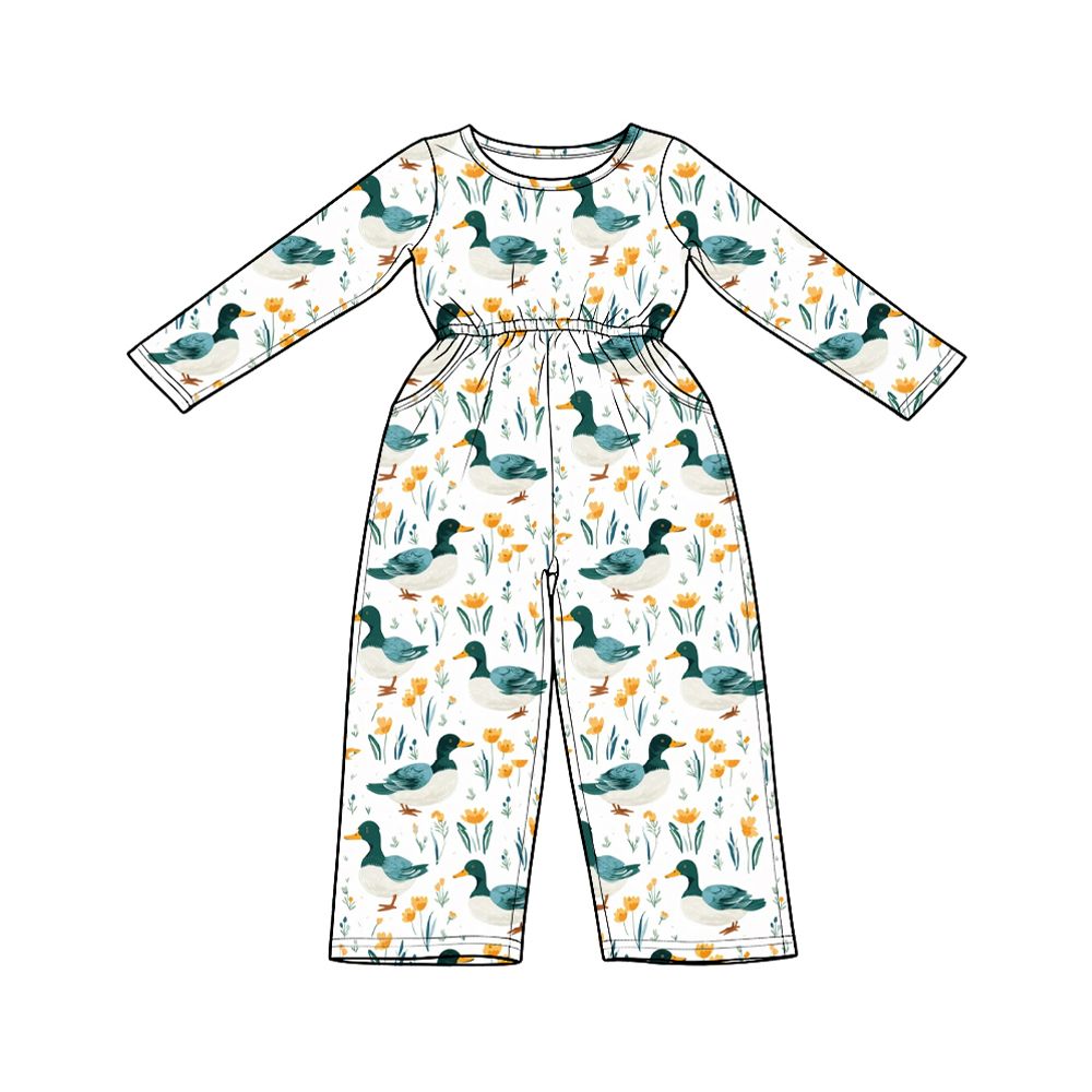 Moq 5 Preorder Baby Girls Kids Long Sleeves Ducks Flower Pockets Pants Jumpsuit Clothes