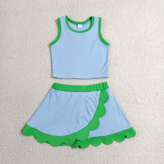 Baby Girls Kids Shirt Scallop Skirt Shorts Yoga Active Blue Green Set Clothes