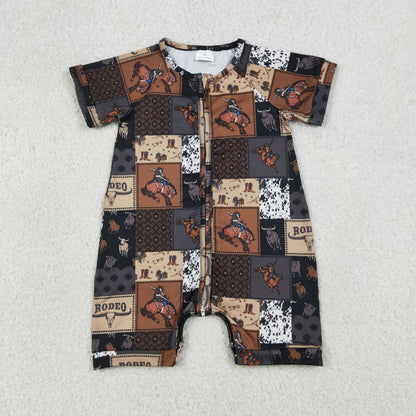 RTS Baby Boys Infant Short Sleeves Rodeo Western Zipper Romper
