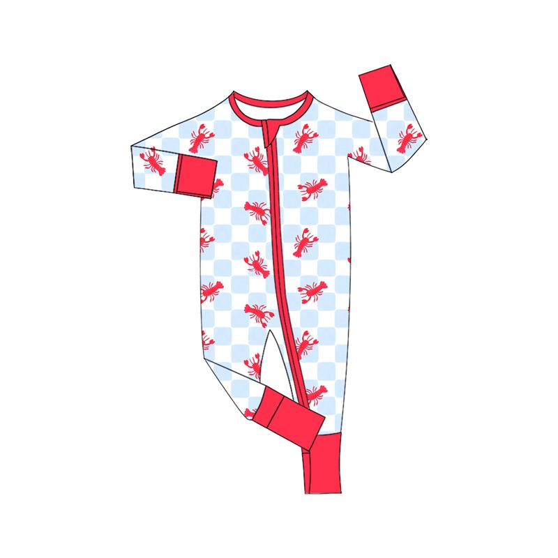 Moq 5 Preorder Baby Toddler Kids Crayfish Blue Checked Zipper Footie Romper Clothes
