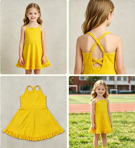 Baby Girls Kids Straps Yellow Ruffle Shorts Knee Length Yoga Active Dress