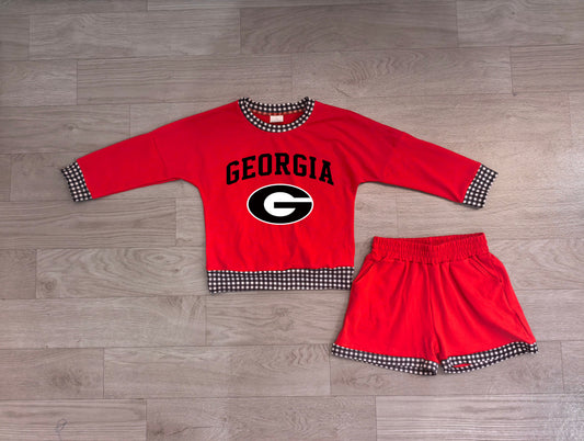 No moq Preorder Baby Girls Kids Long Sleeves G Shirt Shorts Red Cotton Set Team Clothes