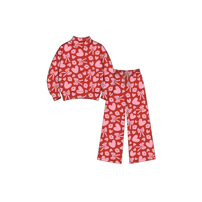 Moq 5 Preorder Baby Girls Kids Long Sleeves Hearts Bows Shirt Pants Set Valentine Clothes