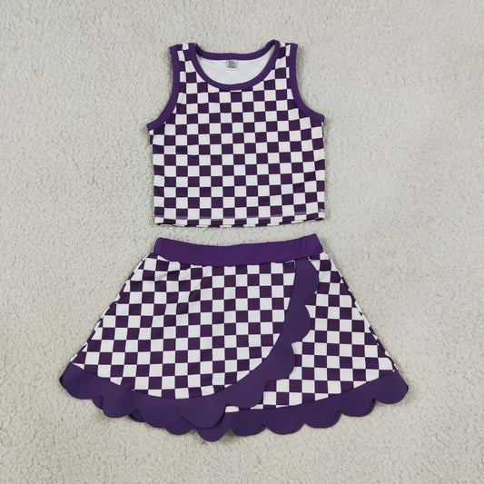 Baby Girls Kids Sleeveless Purple Checked Shirt Scallop Skirt Shorts Yoga Active Set Clothes