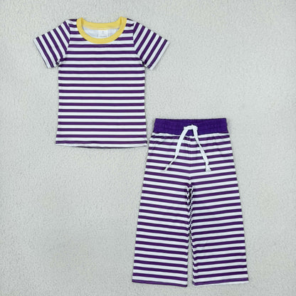 Baby Girls Kids Short Sleeves Purple Stripes Shirt Pants Pajamas Set Clothes RTS