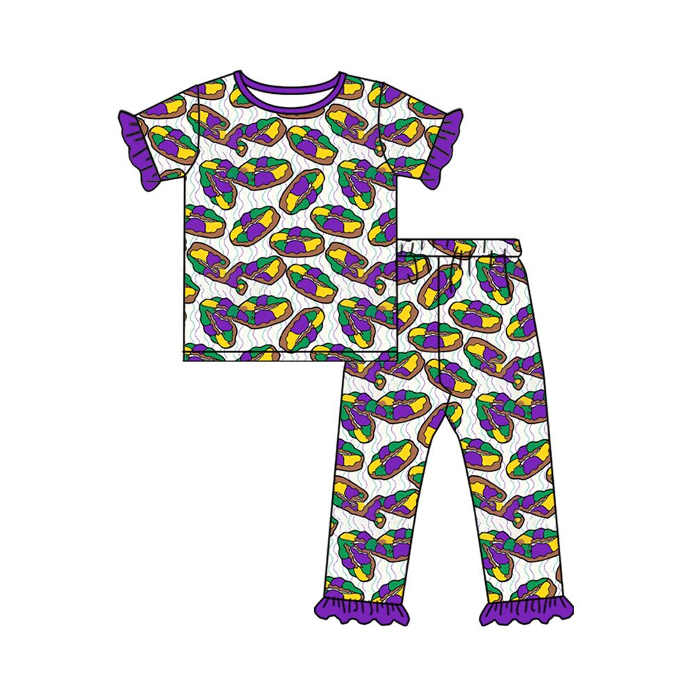 Moq 5 Preorder Baby Girls Kids Short Sleeves Donuts Shirt Pants Pajamas Mardi Gras Set Clothes