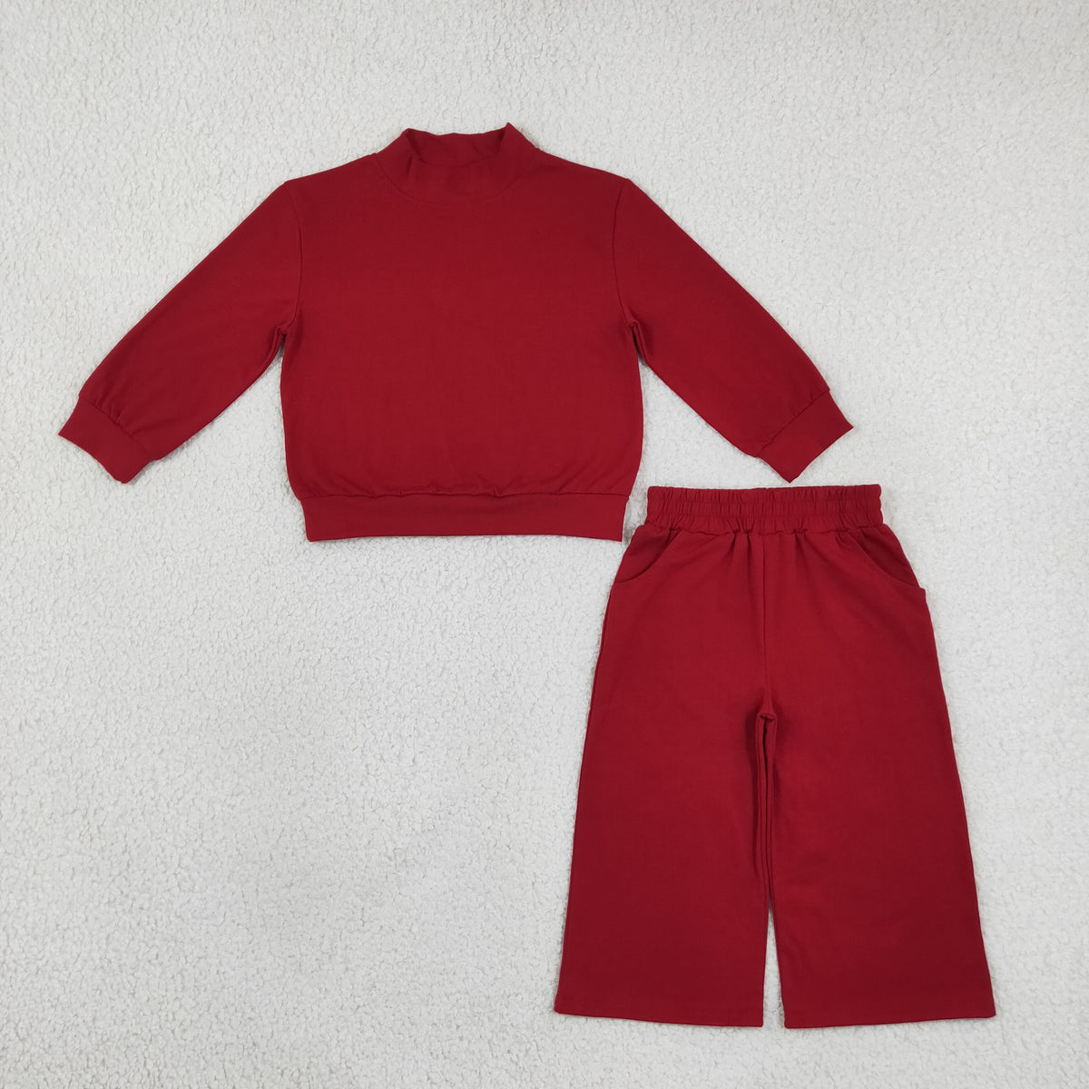 Baby Girl Kids Long Sleeves Dark Red Shirt Pockets Pants Cotton Set Mock Neck Clothes RTS