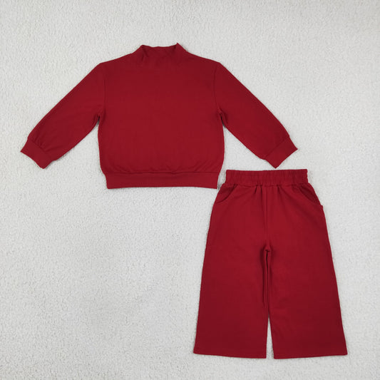 Baby Girl Kids Long Sleeves Dark Red Shirt Pockets Pants Cotton Set Mock Neck Clothes RTS