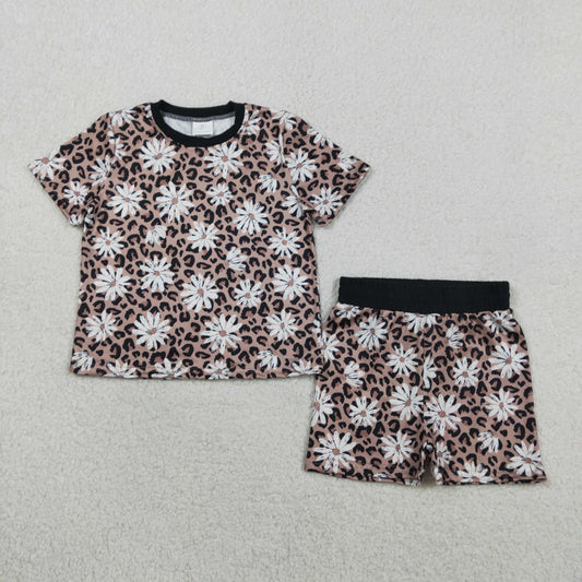 RTS Baby Girls Short Sleeves Leopard Flowers Shirt Shorts Summer Clothes Set
