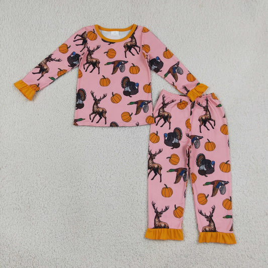 Baby Girls Kids Pumpkins turkey Ducks Deer Shirt Pants Set Pajamas Fall Clothes