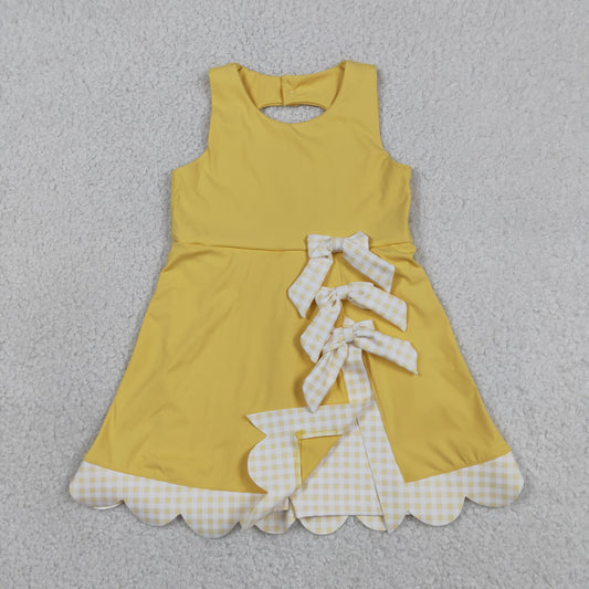 GSD3318 Baby Girls Sleeveless Yellow Plaid Bows with Shorts Yoga Scallop Dress