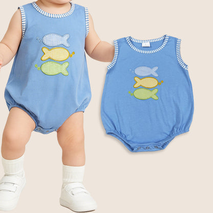Baby Boys Infant Sleeveless Embroidery Fish Blue Bubble Summer Romper