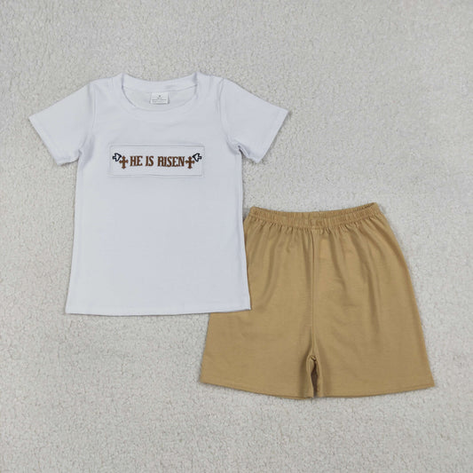 Baby Boys Short Sleeves Embroidery He is Risen Cross Shirt Shorts Easter Set