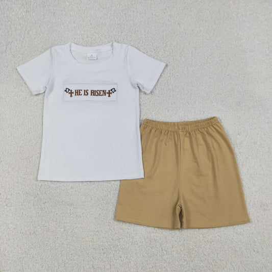 RTS Sibling Baby Boys Girls Embroidery He is Risen Cross Easter Romper Dress Set Clothes