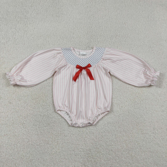 Baby Girls Infant Long Sleeves Embroidery Plaid Bow Stripes Bubble Embroidery Romper