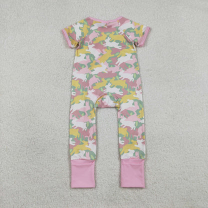 Baby Girls Short Sleeves Rabbits Camo Zipper Footie Easter Romper