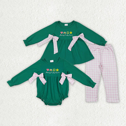 Sibling Baby Girls Green Long Sleeves Embroidery Clovers Bows Green Romper St Patrick Set RTS