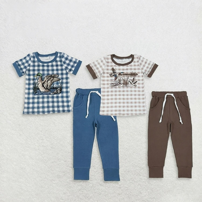 Sibling Baby Boys Short Sleeves Ducks Plaid Shirts Pockets Pants Sets Clothes