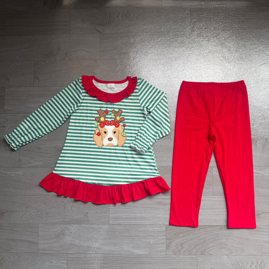No moq Preorder Baby Girls Kids Embroidery Dog Stripes Tunic Red Pants Set Christmas Clothes