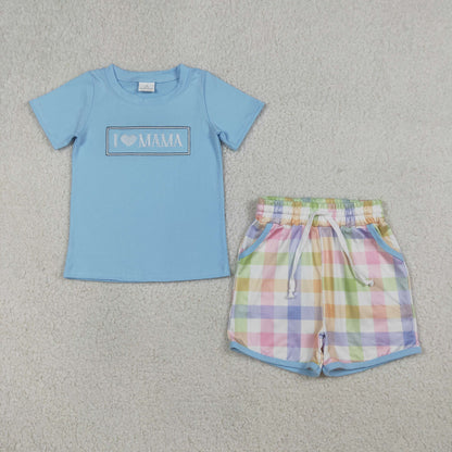 RTS Sibling Baby Boys Girls Kids Short Sleeves Embroidery I Love Mama Plaid Dress Set
